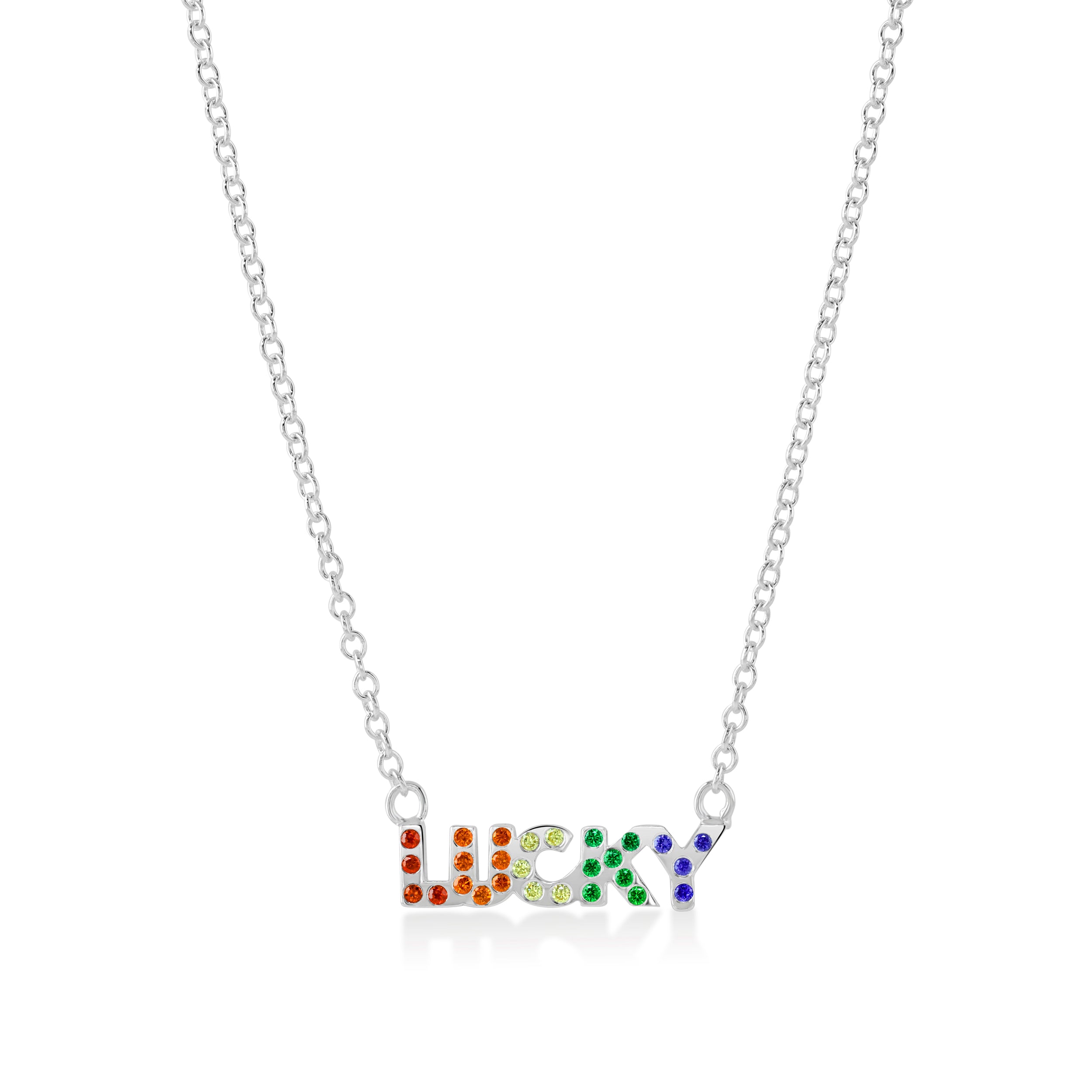Silver Lucky Gemstone Rainbow Necklace on a coral background