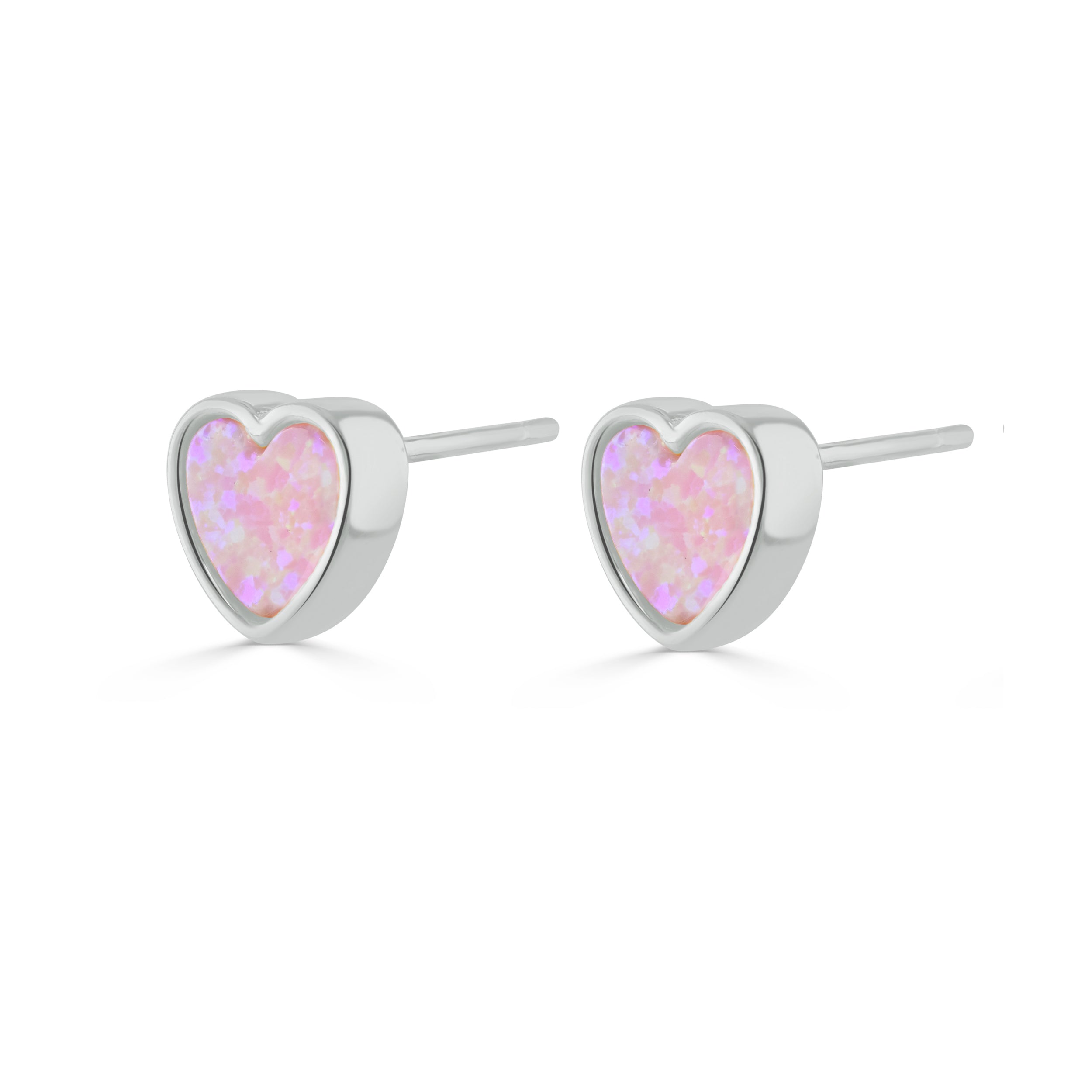 Silver Colour Pop Pink Opal Heart Stud Earrings