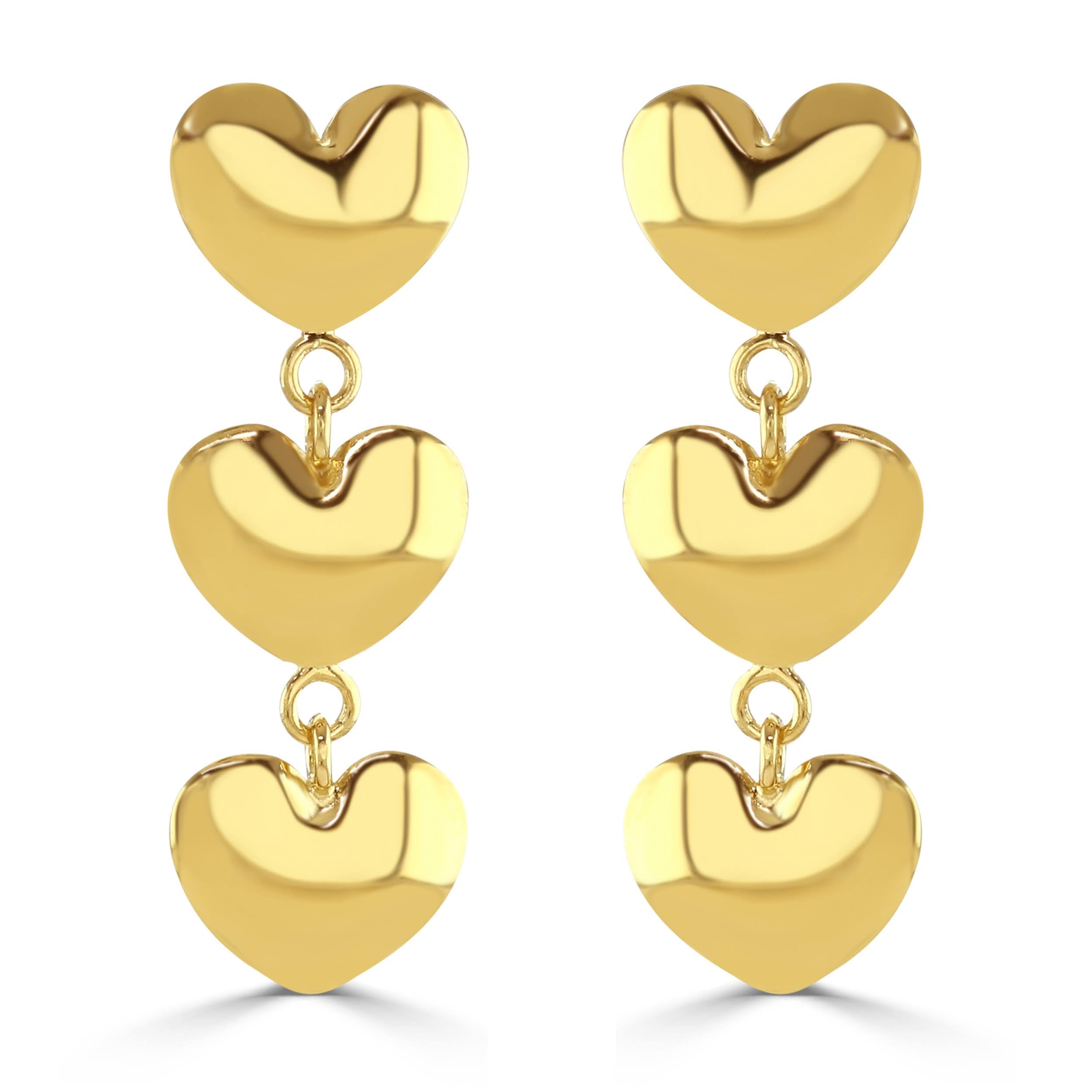 Gold three heart drop earrings