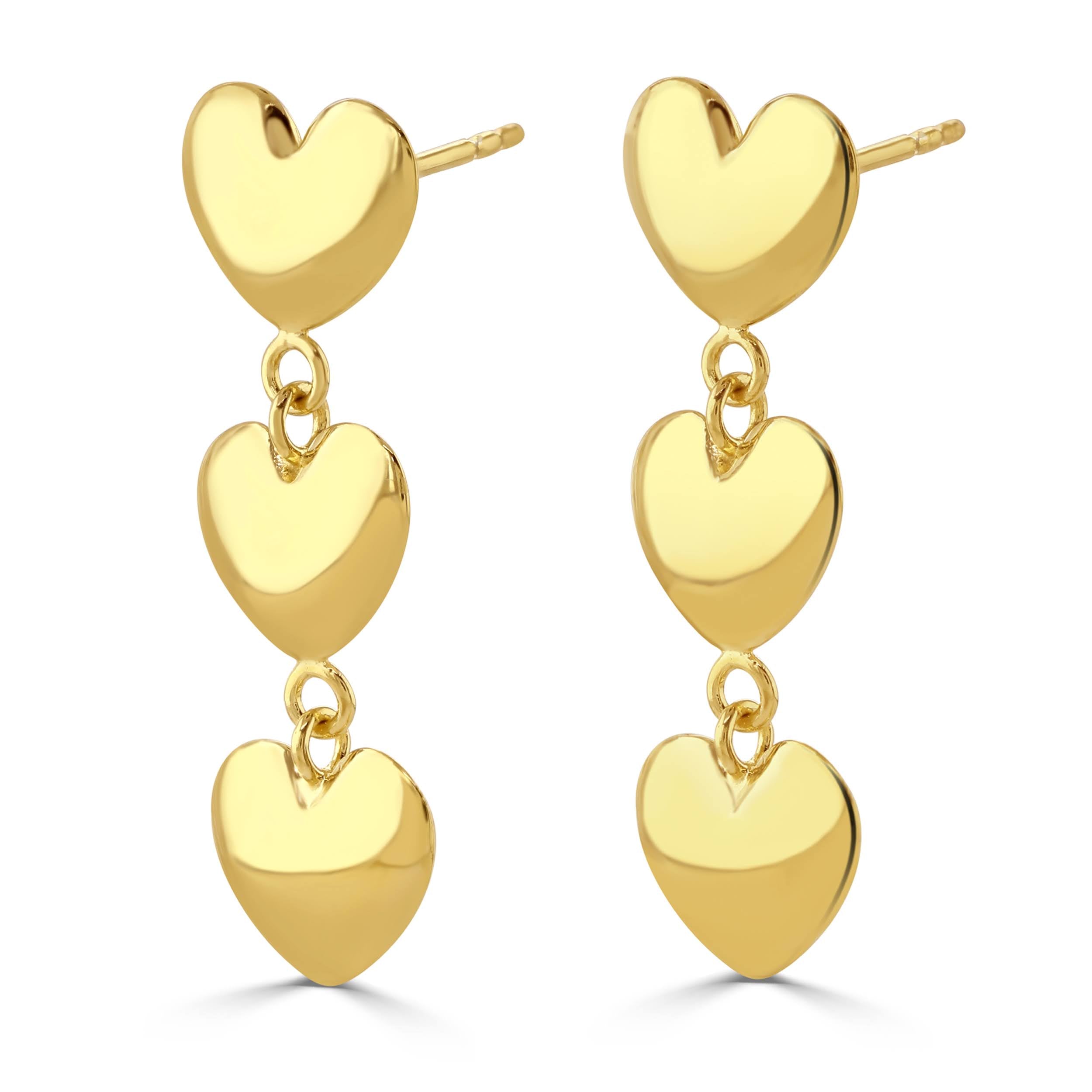 Gold three heart drop earrings