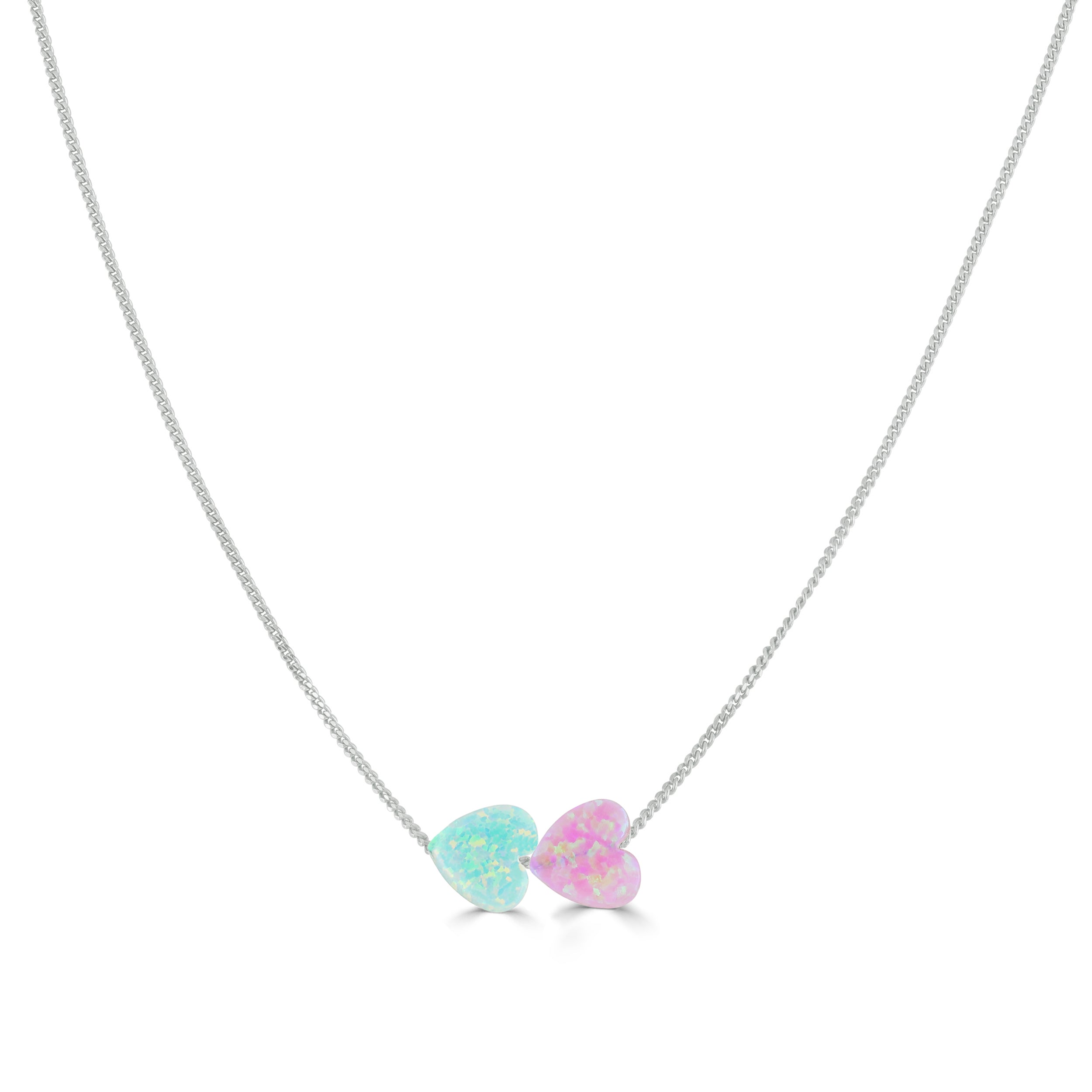 Aqua and Pink Opal Heart Necklace Silver