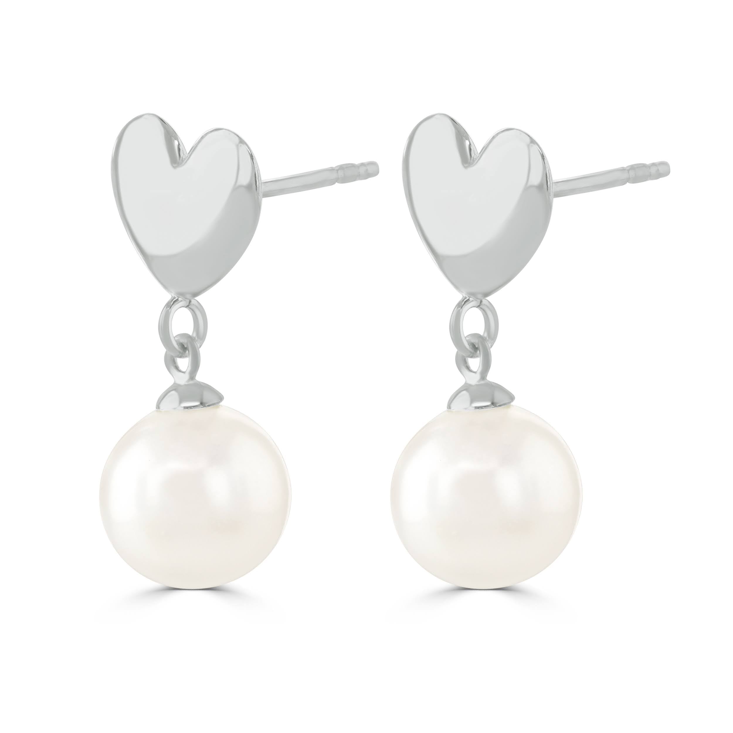 Silver Heart and freshwater pearl stud earrings