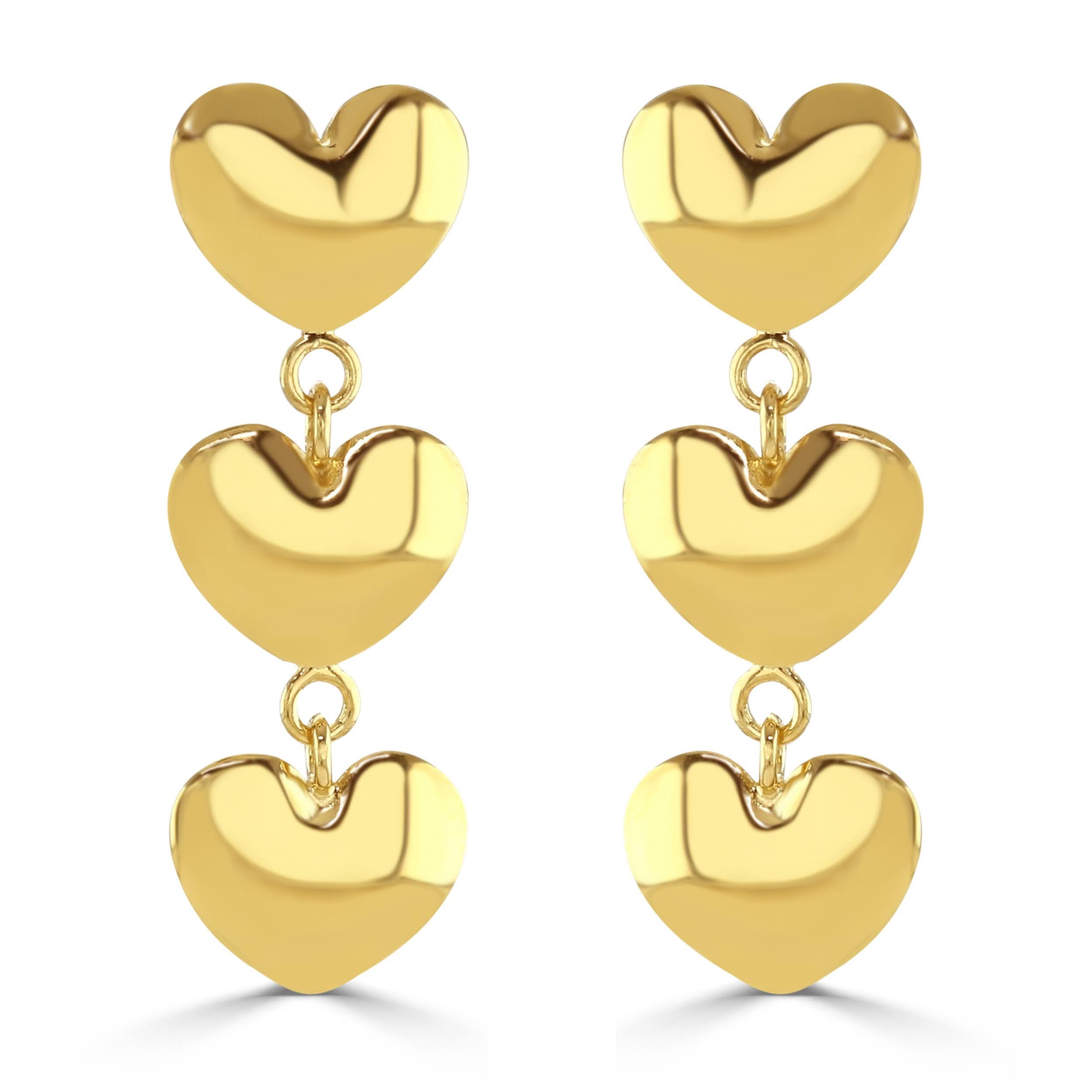 Gold three heart drop earrings