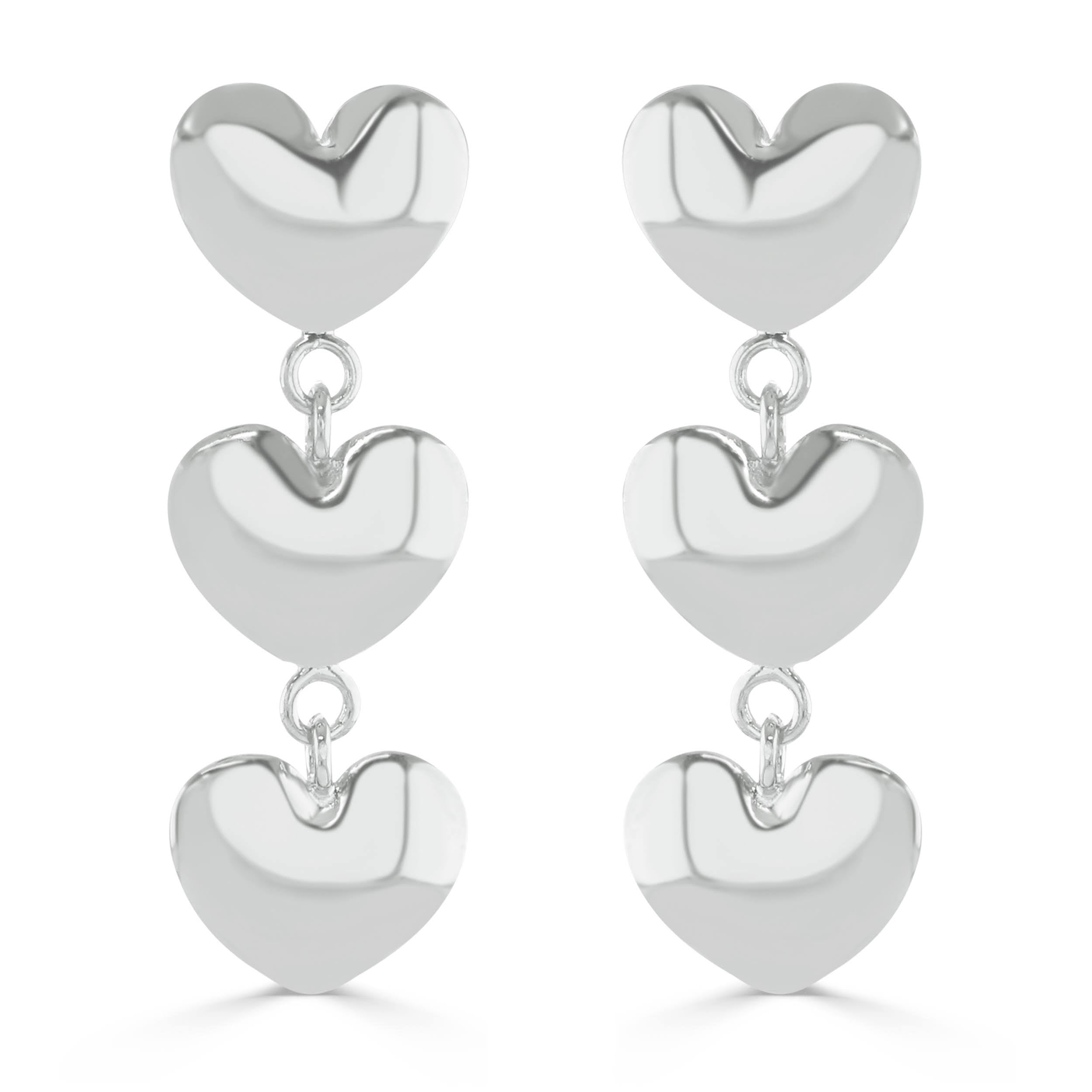 Silver three heart drop earrings