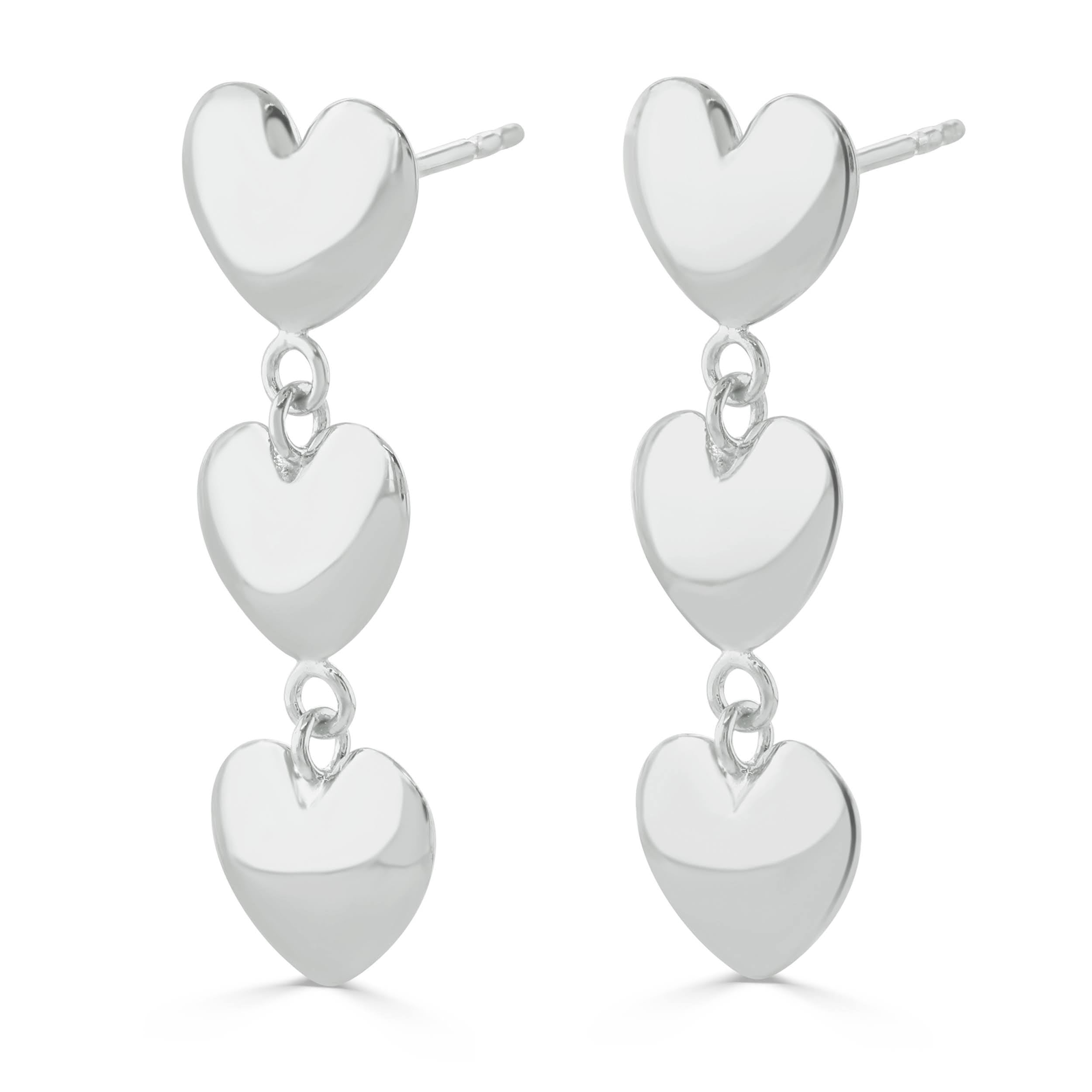 Silver three heart drop earrings