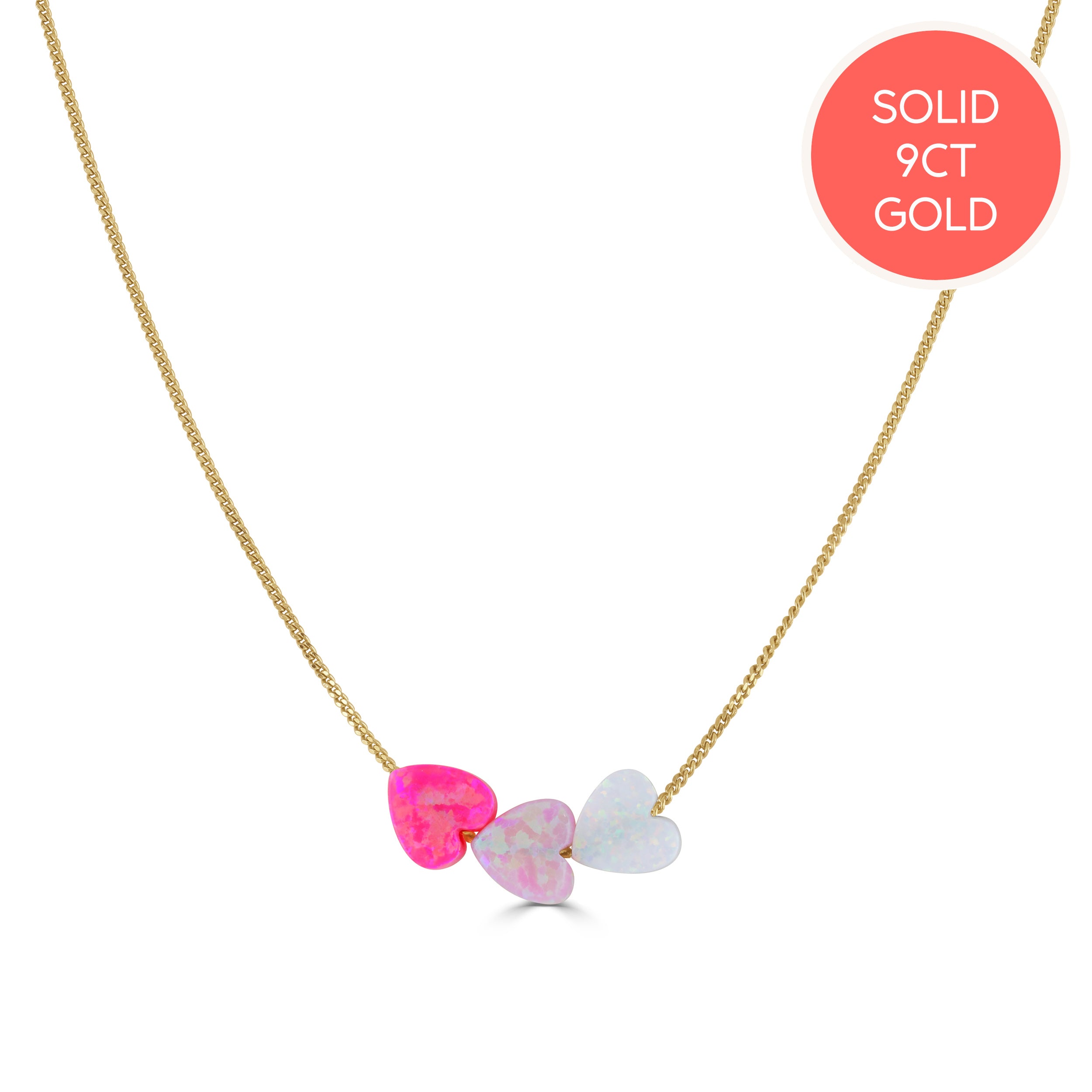 Solid Yellow Gold Colour Pop Three Opal Heart Necklace