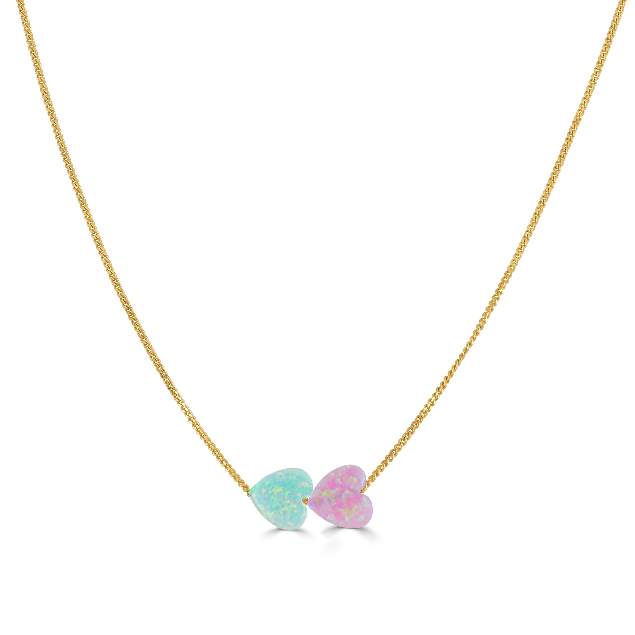 Aqua and Pink Opal Heart Necklace Gold